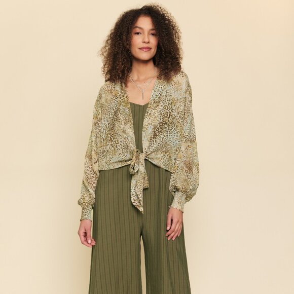 MYSTREE Leopard Print Tie Front Blouse, Sheer Long Sleeve Animal Print Top - Picture 7 of 8